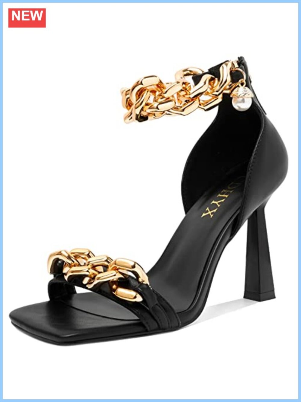 Women's Square Toe Heeled Sandals with Chain and Pearl Ankle Straps, Back Zip